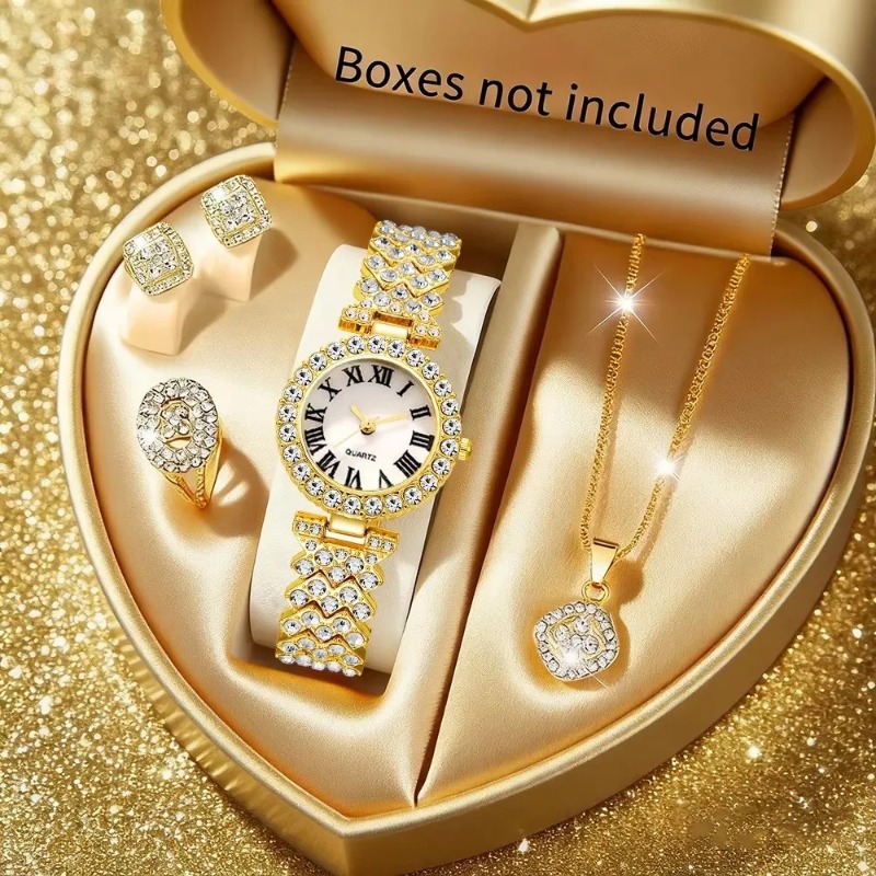 5PCS 럭셔리 라인스톤 여성용 시계 쥬얼리 세트 로마 - Jewelry Box Watches Bracelets 리뷰 및 가격