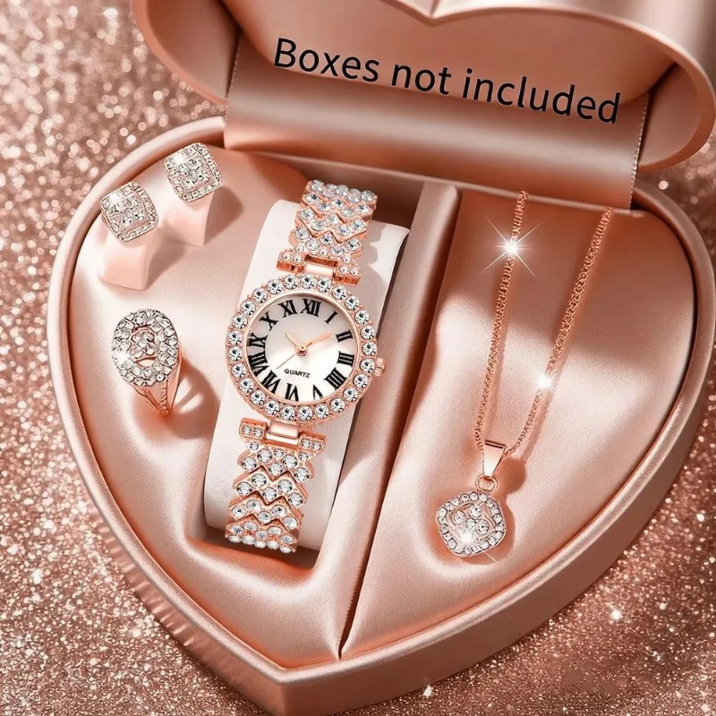 5PCS 럭셔리 라인스톤 여성용 시계 쥬얼리 세트 로마 - Jewelry Box Watches Bracelets 리뷰 및 가격