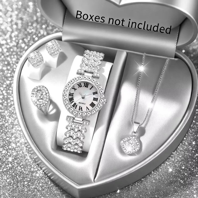 5PCS 럭셔리 라인스톤 여성용 시계 쥬얼리 세트 로마 - Jewelry Box Watches Bracelets 리뷰 및 가격